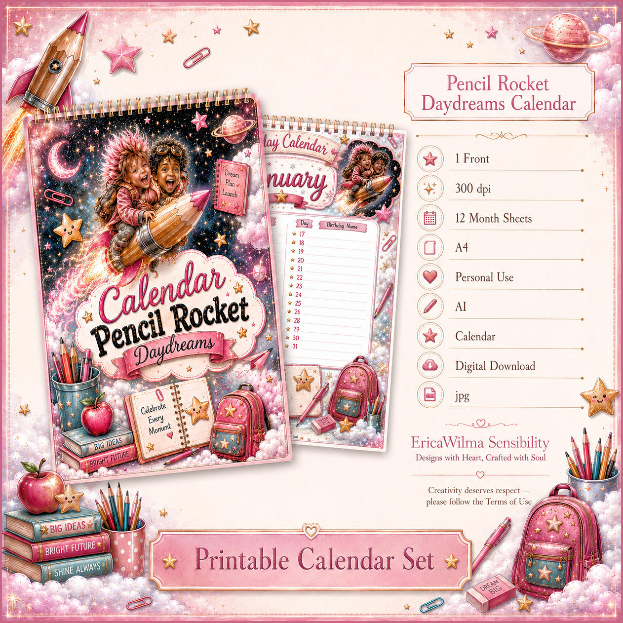 (image for) EW AI Pencil Rocket Daydreams - Birthday Calendar 2026